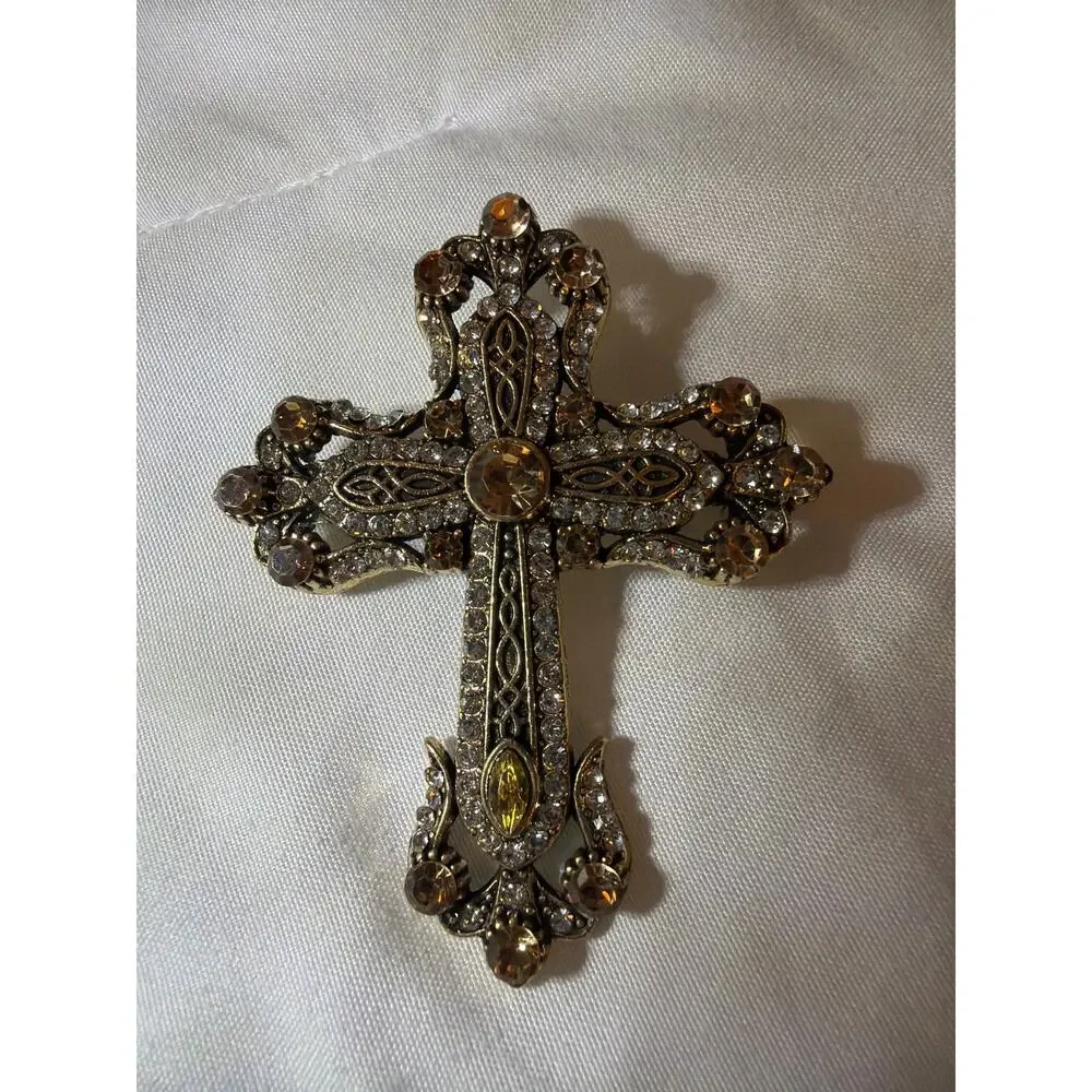Vintage Gold Tone Cross Brooch Amber Clear Rhinestone Filigree Religious Pin